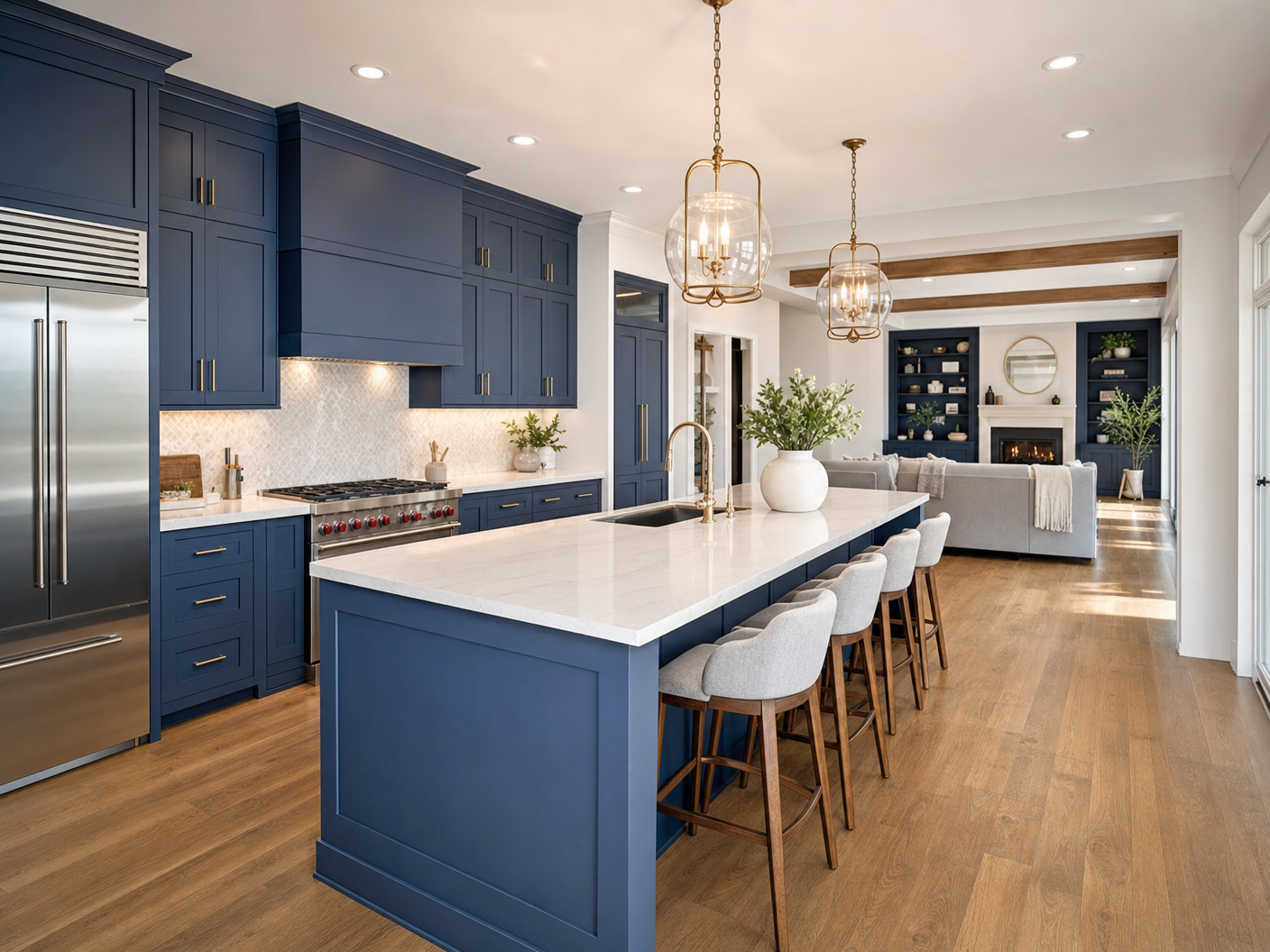 Modern kitchen remodel with navy blue cabinetry